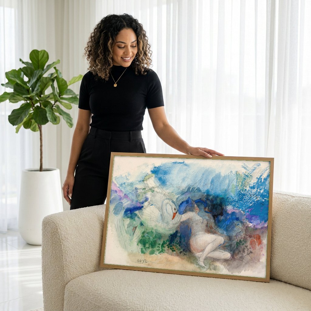 Quadro Decorativo Apolo e o Cisne – Odilon Redon | modelo apresentando o quadro emoldurado