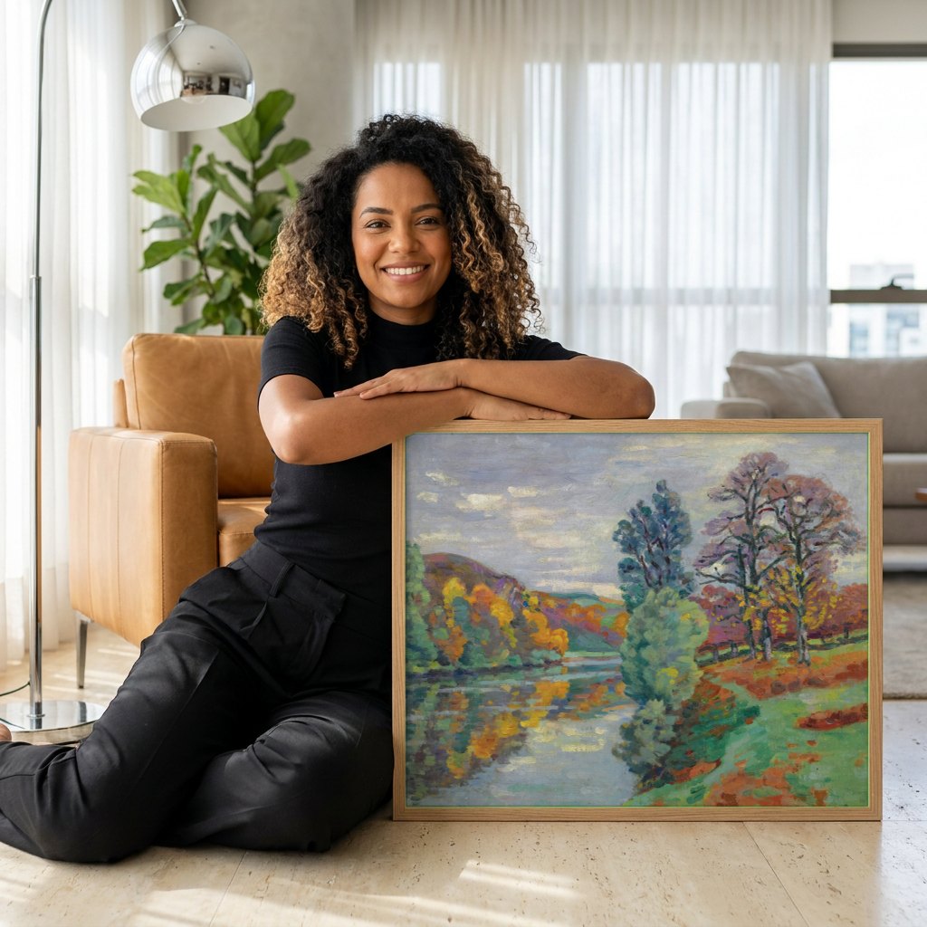 Quadro Decorativo Paisagem Outonal - Armand Guillaumin | modelo apresentando o quadro emoldurado