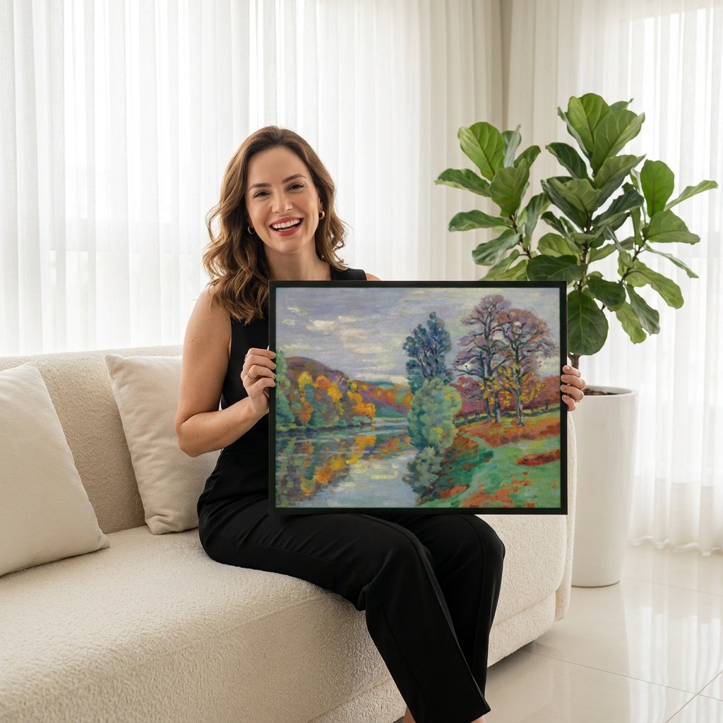 Quadro Decorativo Paisagem Outonal - Armand Guillaumin | modelo apresentando o quadro emoldurado