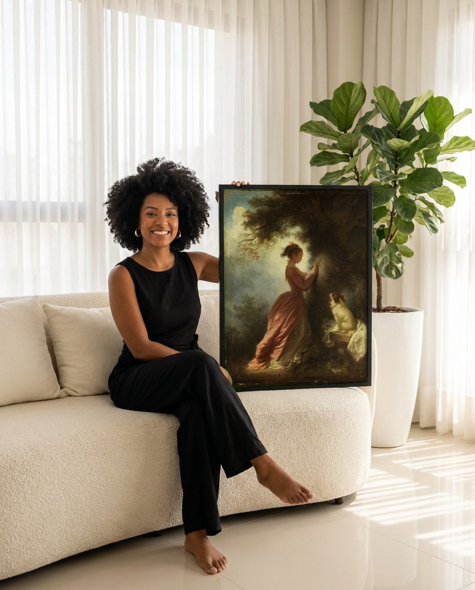 Quadro Decorativo A Carta de Amor - Fragonard | modelo apresentando o quadro emoldurado