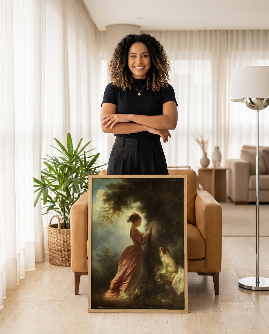 Quadro Decorativo A Carta de Amor - Fragonard | modelo apresentando o quadro emoldurado