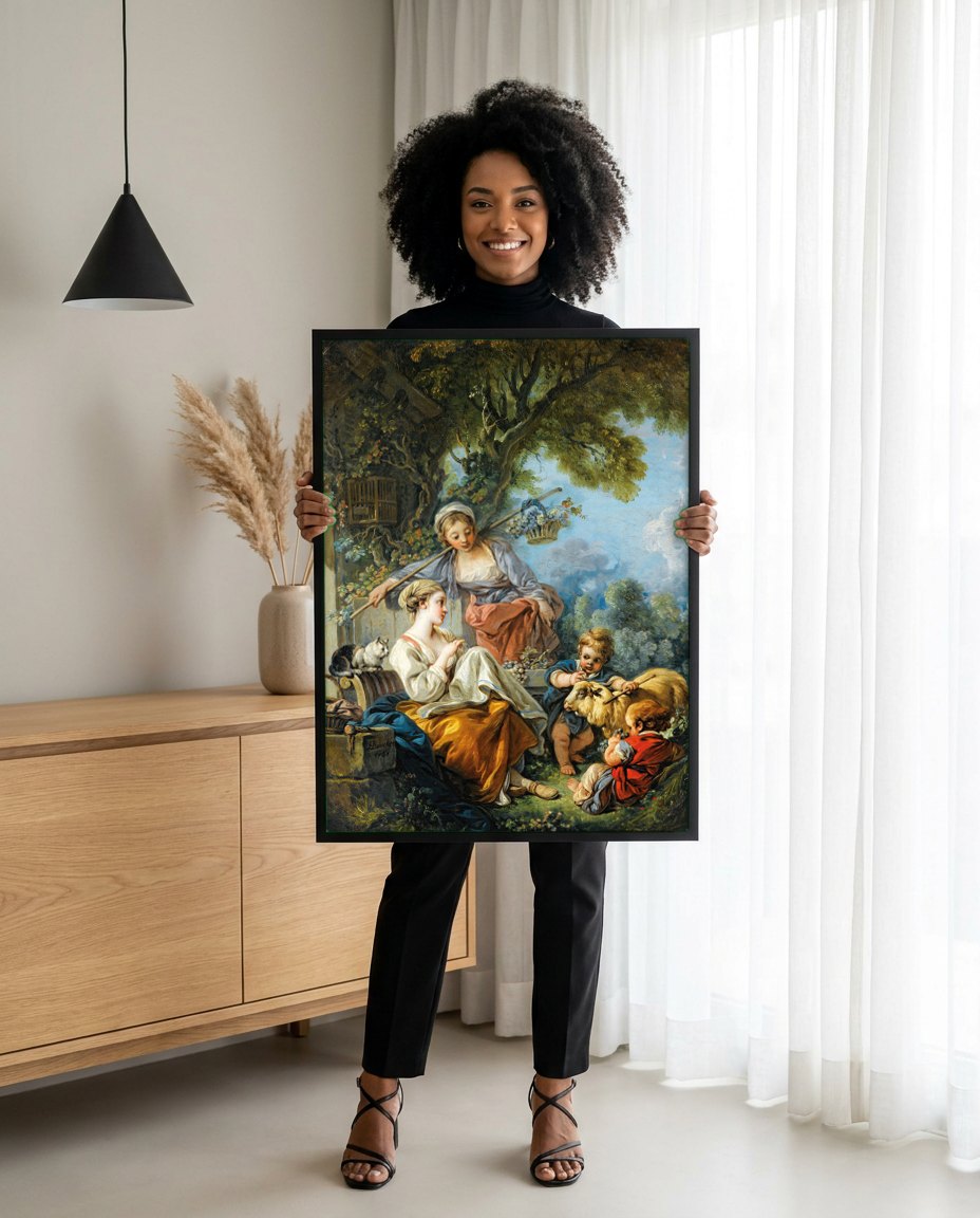 Quadro Decorativo A Oferta Pastoral - François Boucher | modelo apresentando o quadro emoldurado