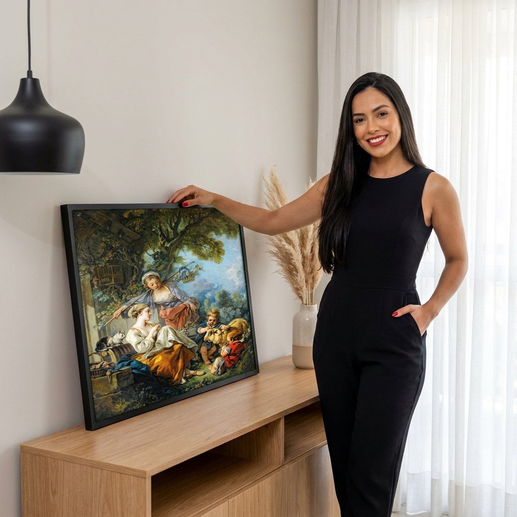Quadro Decorativo A Oferta Pastoral - François Boucher | modelo apresentando o quadro emoldurado