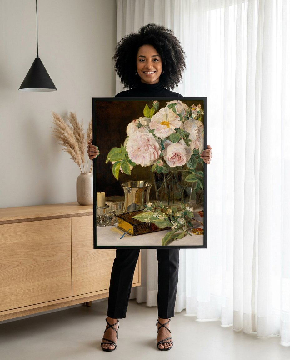 Quadro Decorativo Rosas e Objetos – Ferdinand Georg Waldmüller | modelo apresentando o quadro emoldurado