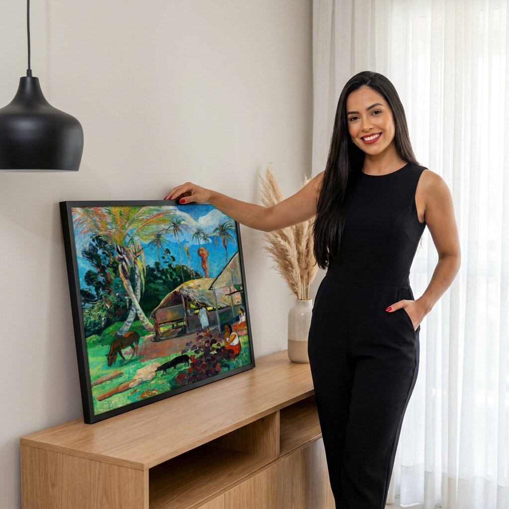 Quadro Decorativo Cena Tahitiana - Gauguin | modelo apresentando o quadro emoldurado
