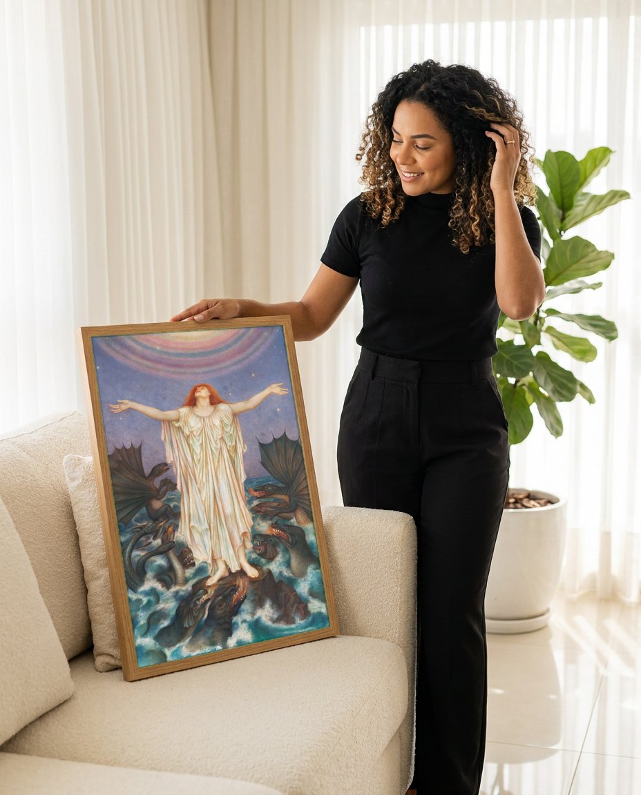 Quadro Decorativo A Filha do Mar - Evelyn De Morgan | modelo apresentando o quadro emoldurado