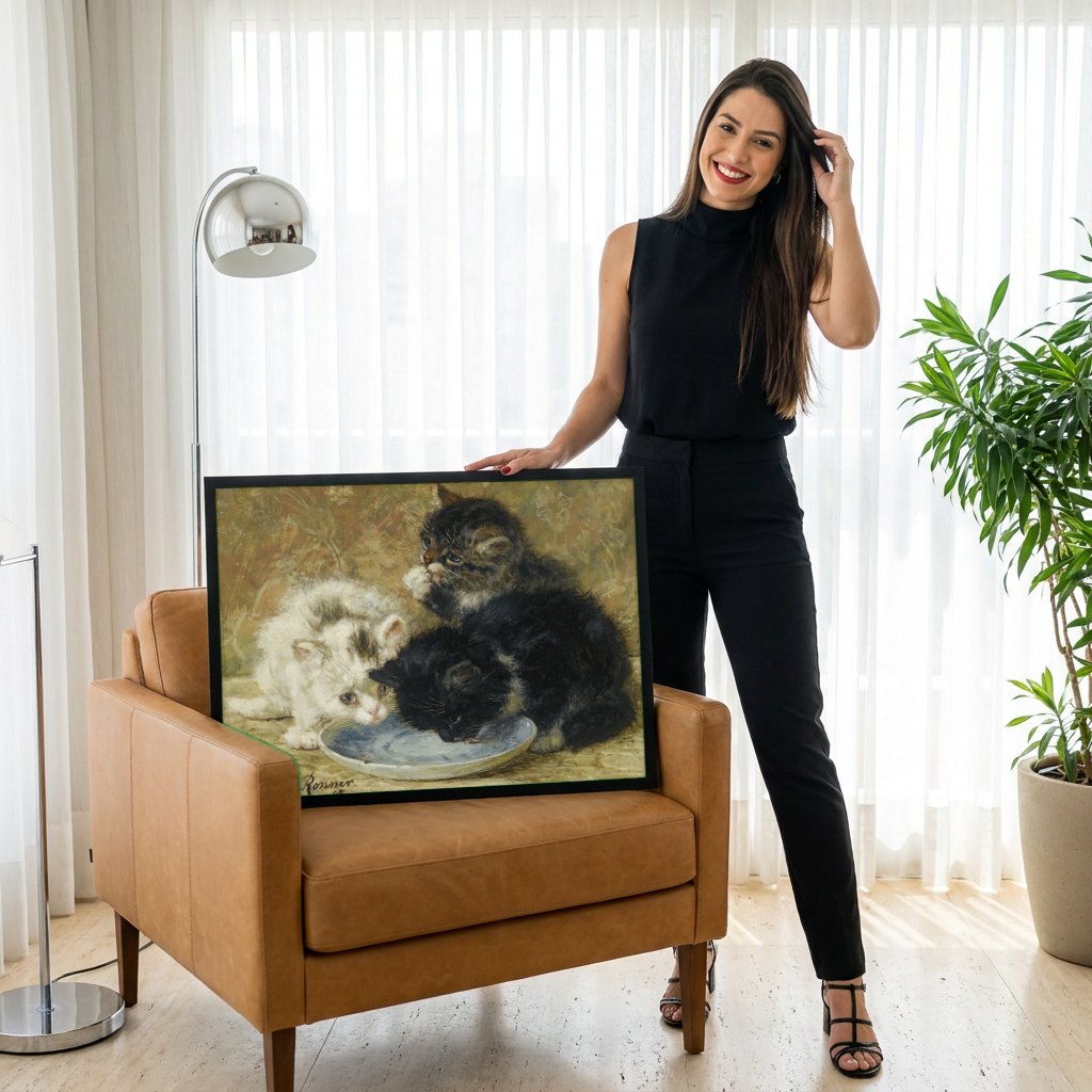 Quadro Decorativo Gatinhos Brincando - Henriëtte Ronner-Knip | modelo apresentando o quadro emoldurado