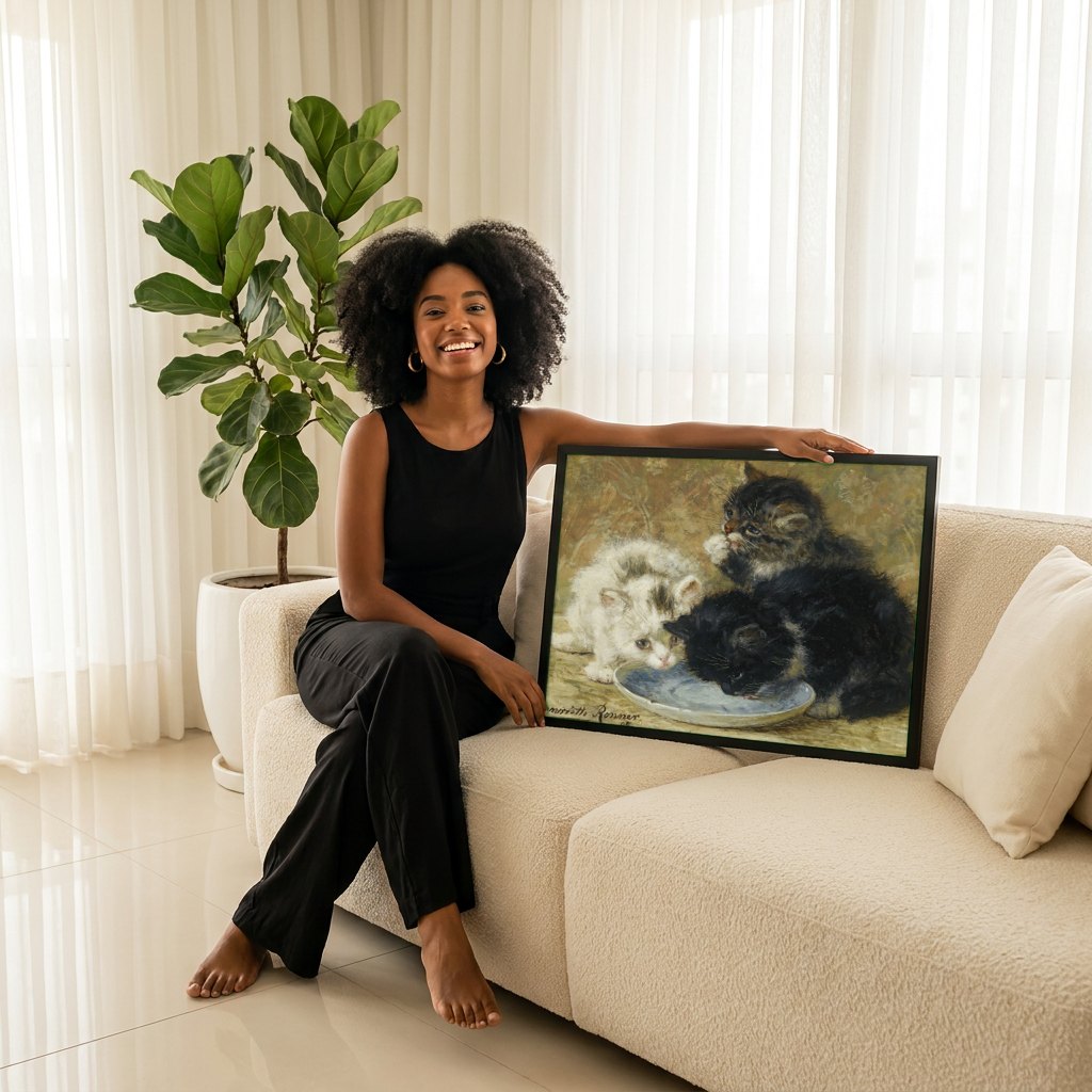 Quadro Decorativo Gatinhos Brincando - Henriëtte Ronner-Knip | modelo apresentando o quadro emoldurado
