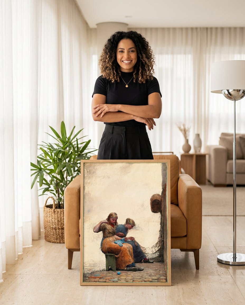 Quadro Decorativo Duas Mulheres Costurando - Winslow Homer | modelo apresentando o quadro emoldurado