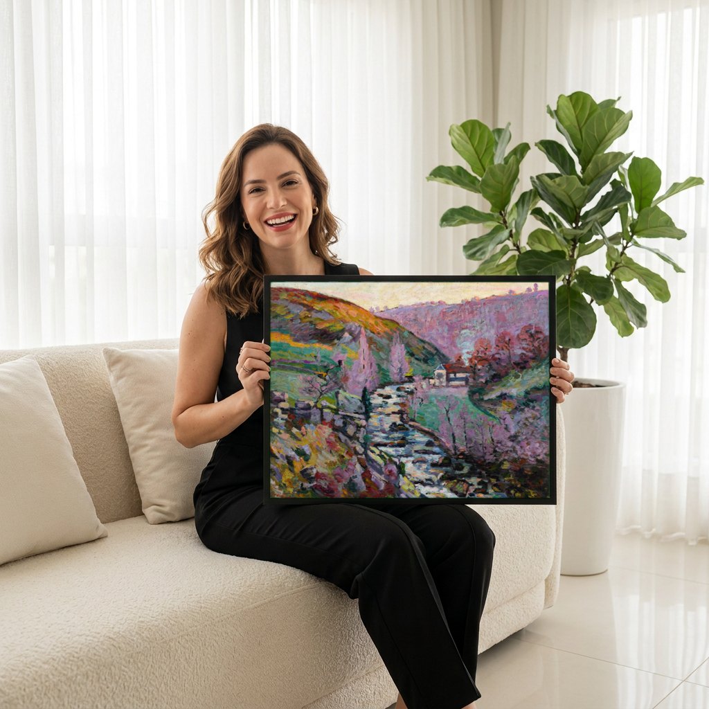 Quadro Decorativo Paisagem com Rio - Armand Guillaumin | modelo apresentando o quadro emoldurado