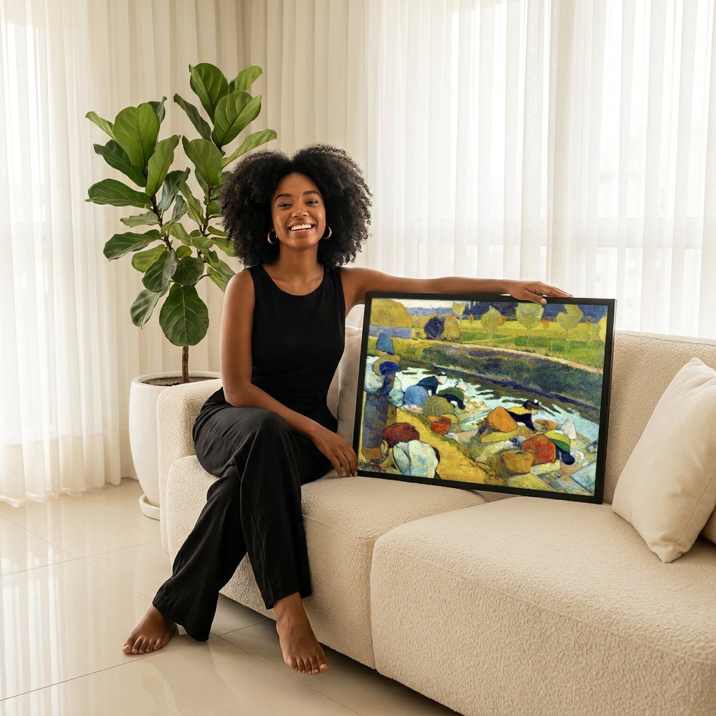 Quadro Decorativo As Lavadeiras - Gauguin | modelo apresentando o quadro emoldurado