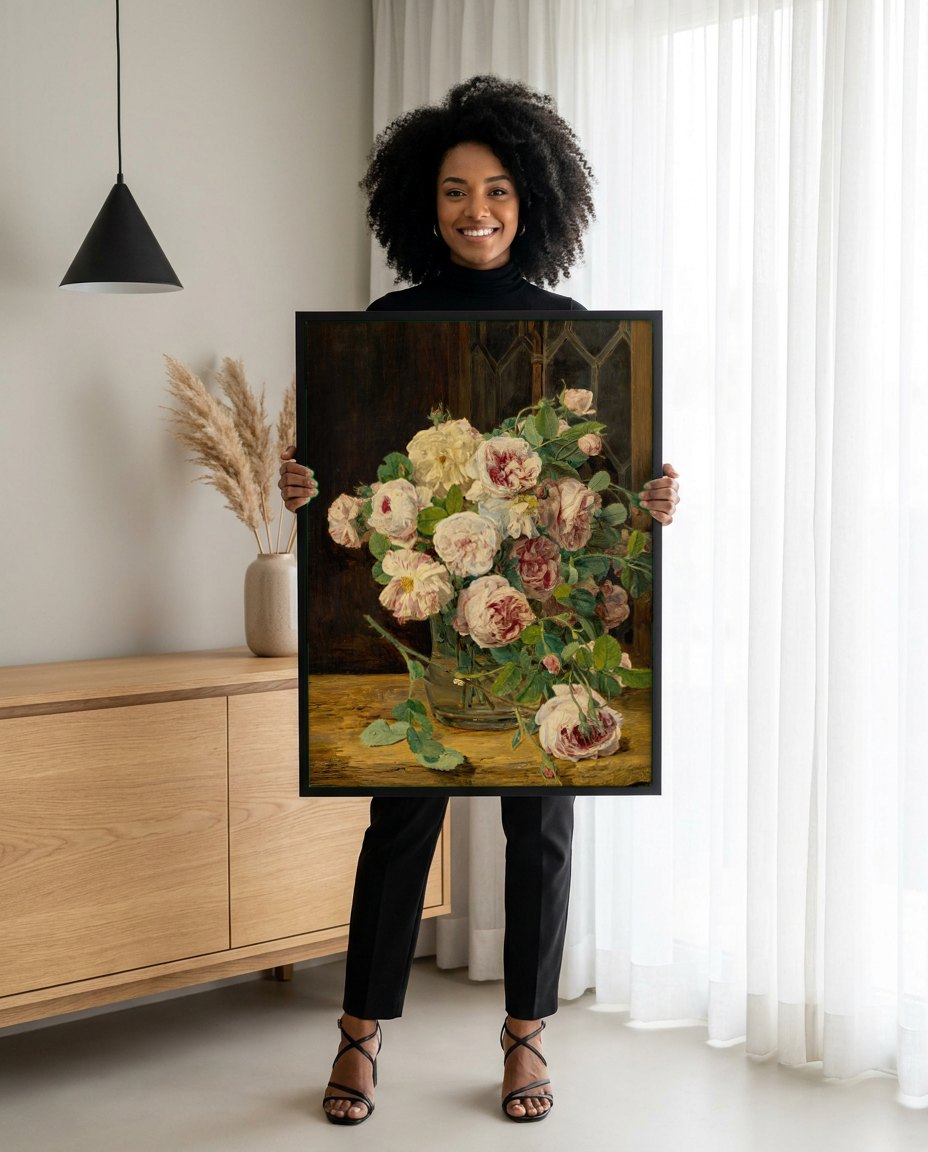 Quadro Decorativo Rosas em Vaso - Ferdinand Georg Waldmüller | modelo apresentando o quadro emoldurado