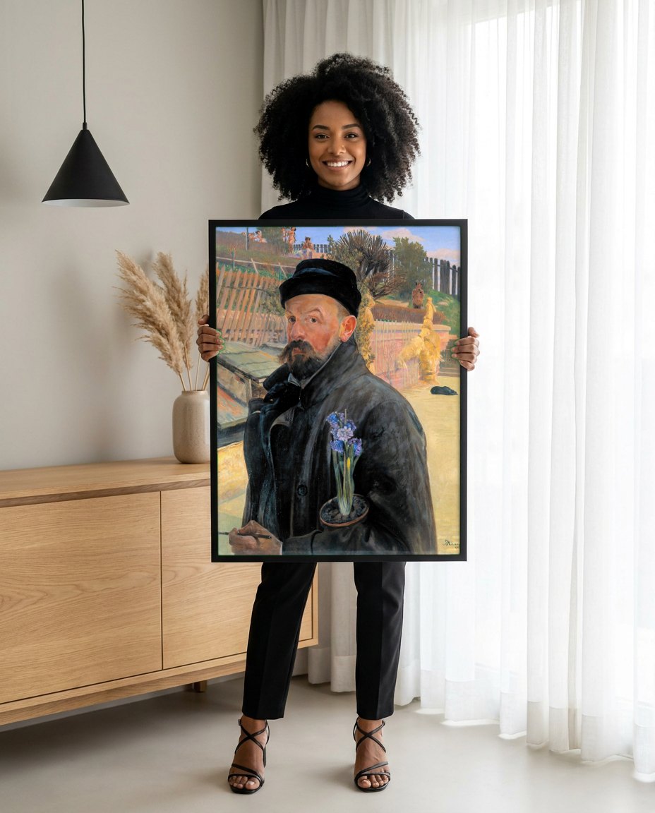 Quadro Decorativo Autorretrato com Jacinto - Jacek Malczewski | modelo apresentando o quadro emoldurado