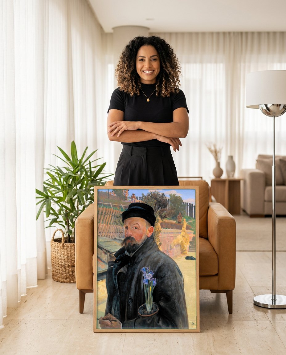 Quadro Decorativo Autorretrato com Jacinto - Jacek Malczewski | modelo apresentando o quadro emoldurado