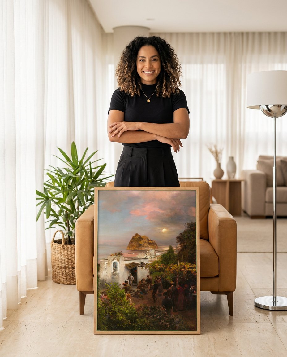 Quadro Decorativo Noite na Costa Italiana - Oswald Achenbach | modelo apresentando o quadro emoldurado