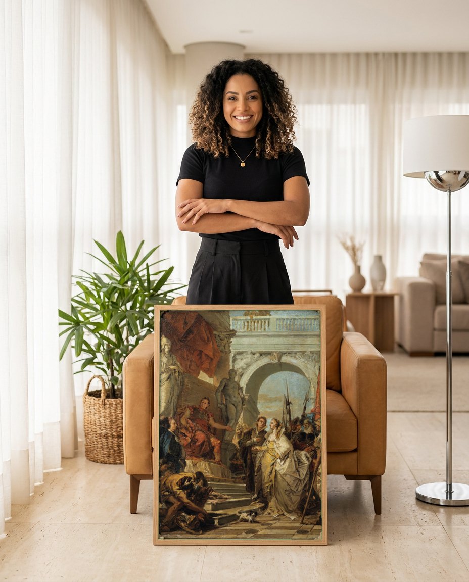 Quadro Decorativo A Rainha Zenobia Perante o Imperador Aureliano - Tiepolo | modelo apresentando o quadro emoldurado