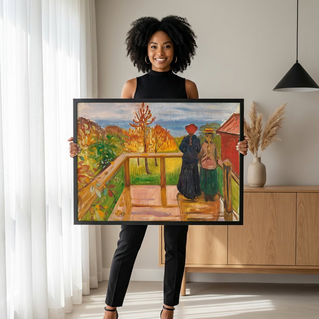 Quadro Decorativo Duas Mulheres na Varanda - Edvard Munch | modelo apresentando o quadro emoldurado