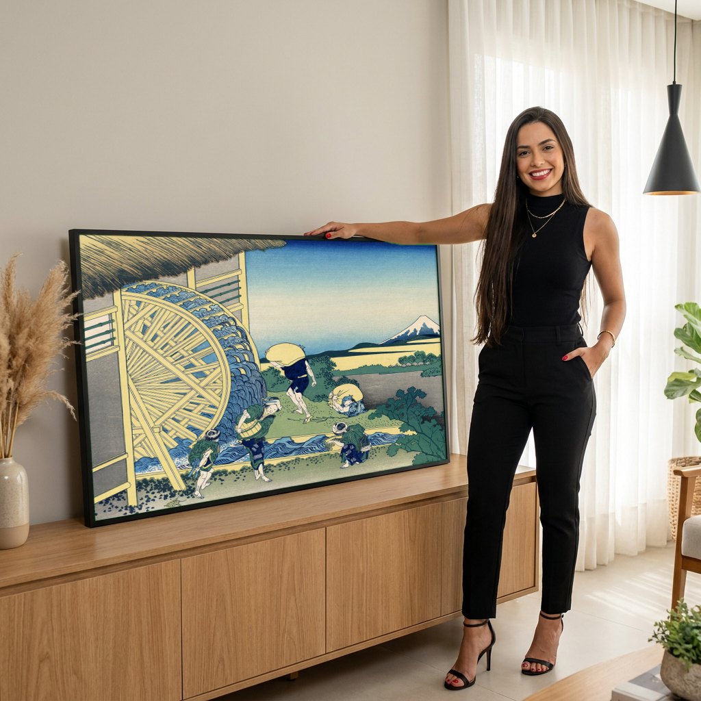 Quadro Decorativo A Roda d'Água de Onden - Hokusai | modelo apresentando o quadro emoldurado