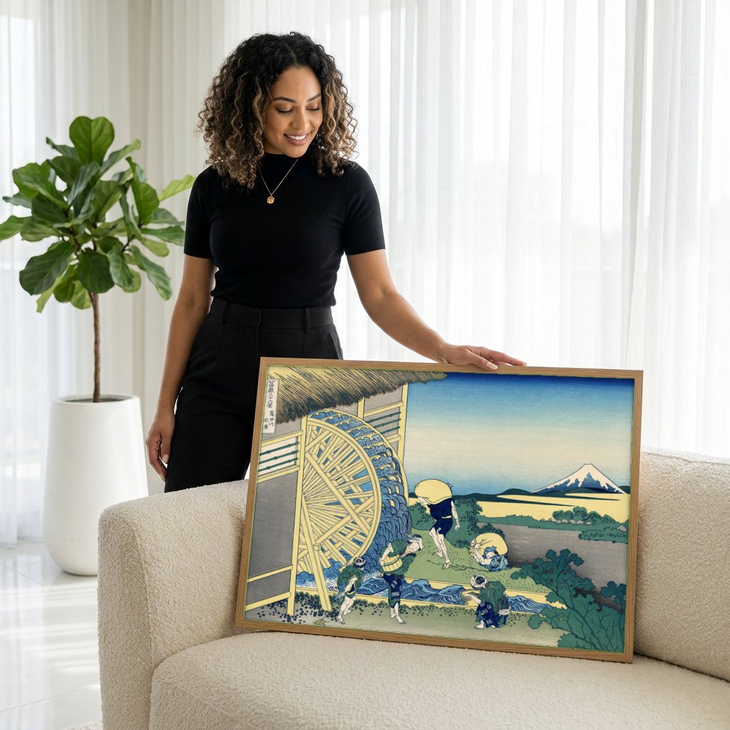 Quadro Decorativo A Roda d'Água de Onden - Hokusai | modelo apresentando o quadro emoldurado