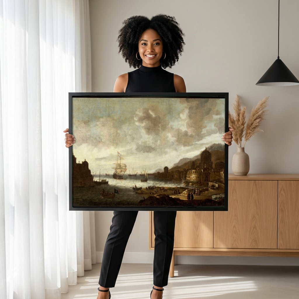Quadro Decorativo Porto com Navios - Jan Abrahamsz Beerstraaten com modelo em ambiente