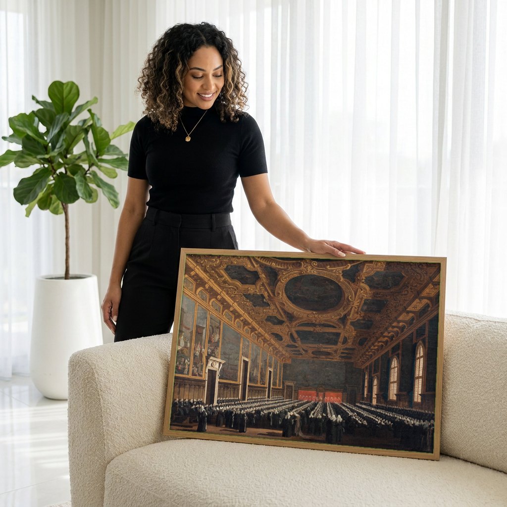 Quadro Decorativo A Sala do Conselho - Canaletto | modelo apresentando o quadro emoldurado