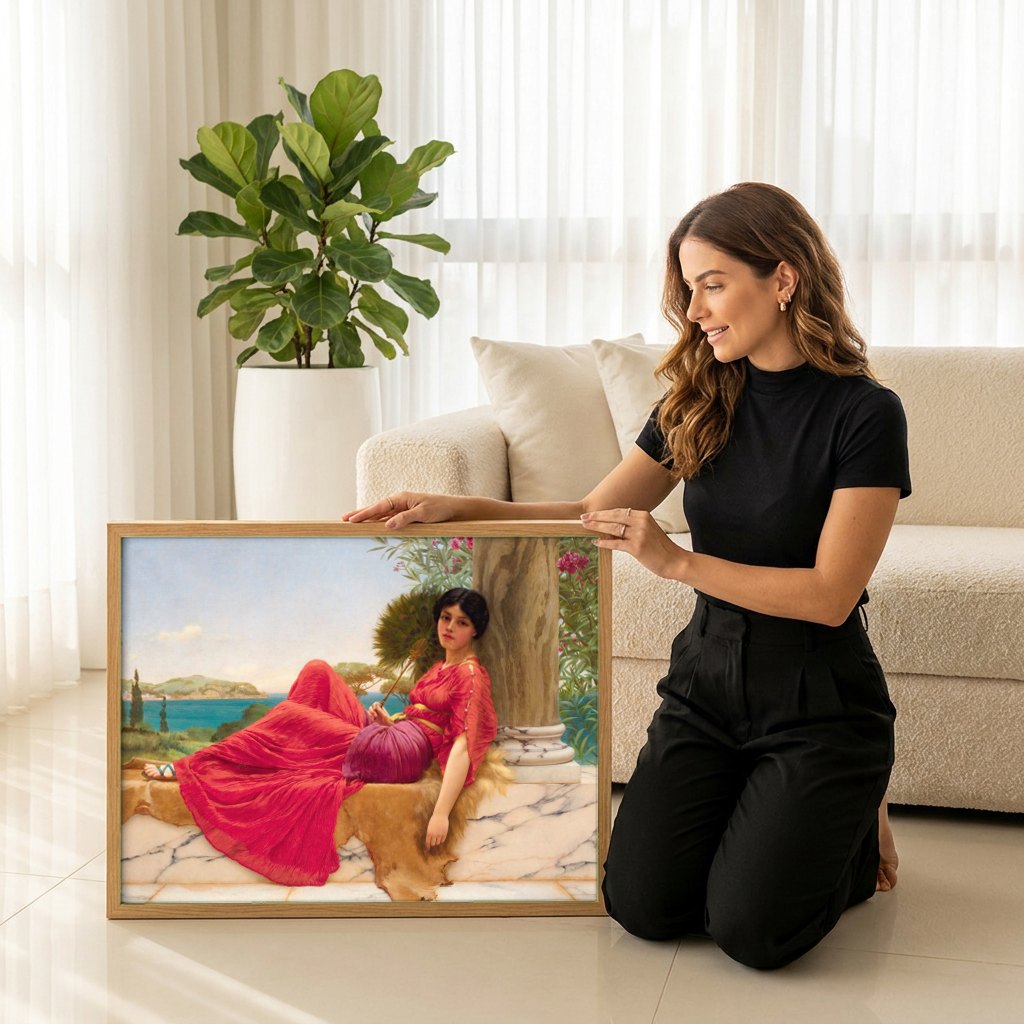 Quadro Decorativo A Pose Preguiçosa - John William Godward | modelo apresentando o quadro emoldurado