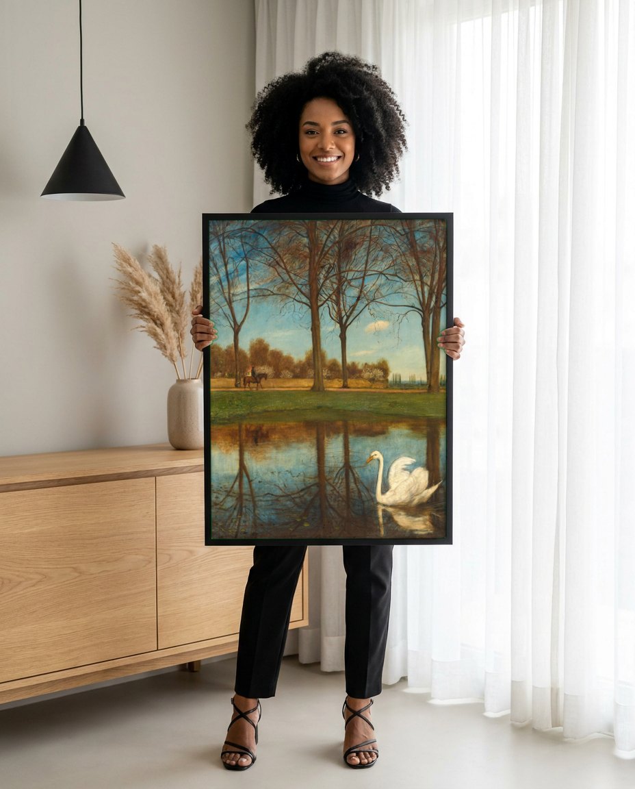 Quadro Decorativo A Lagoa dos Cisnes - Hans Thoma | modelo apresentando o quadro emoldurado