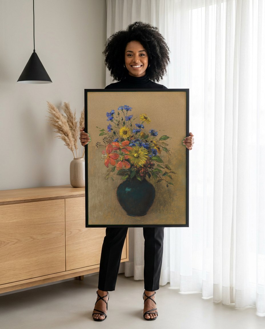 Quadro Decorativo 'Vaso de Flores' - Odilon Redon | modelo apresentando o quadro emoldurado