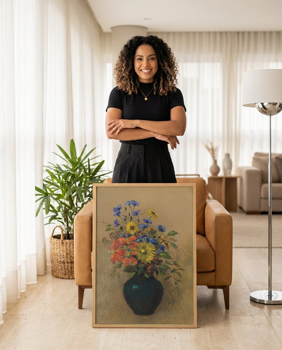 Quadro Decorativo 'Vaso de Flores' - Odilon Redon | modelo apresentando o quadro emoldurado