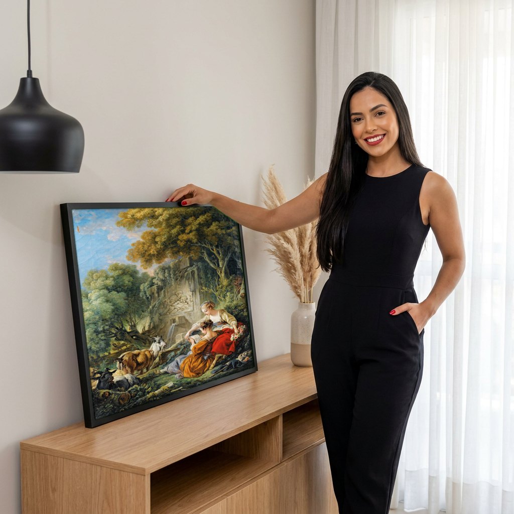 Quadro Decorativo A Lição de Música - François Boucher | modelo apresentando o quadro emoldurado