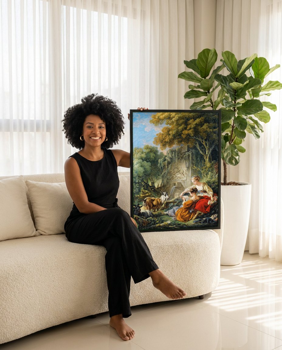 Quadro Decorativo A Lição de Música - François Boucher | modelo apresentando o quadro emoldurado