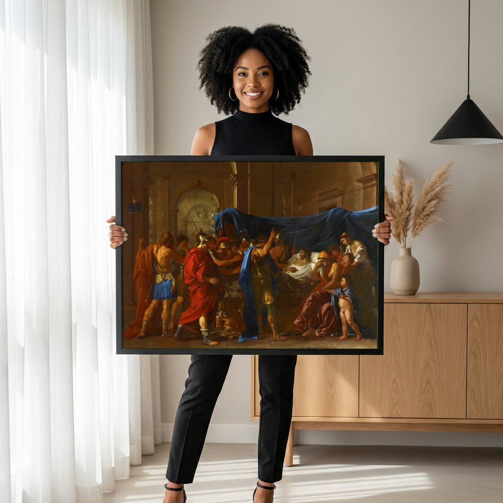 Quadro Decorativo A Morte de Germânico - Nicolas Poussin | modelo apresentando o quadro emoldurado