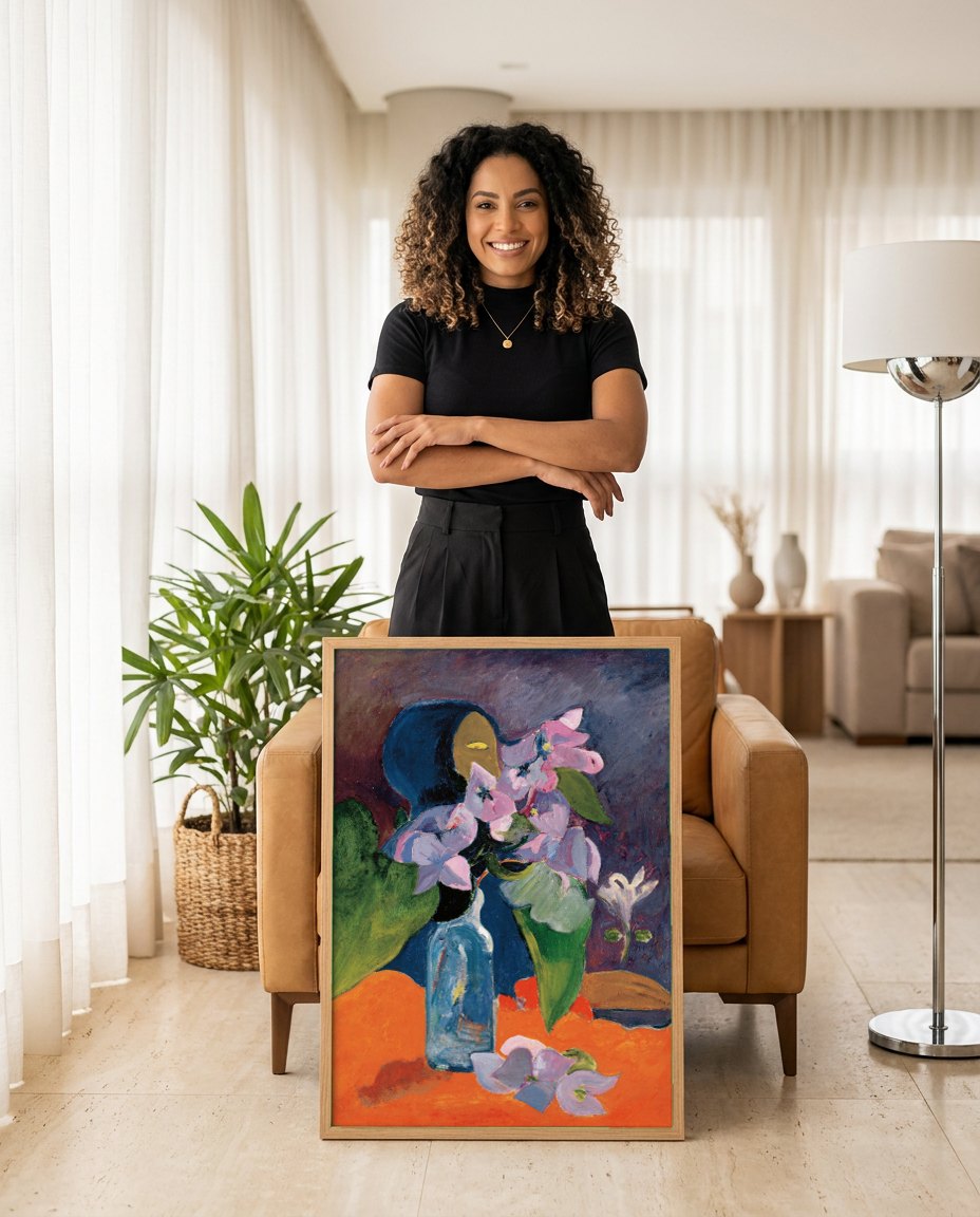 Quadro Decorativo Flores e Vaso - Gauguin | modelo apresentando o quadro emoldurado