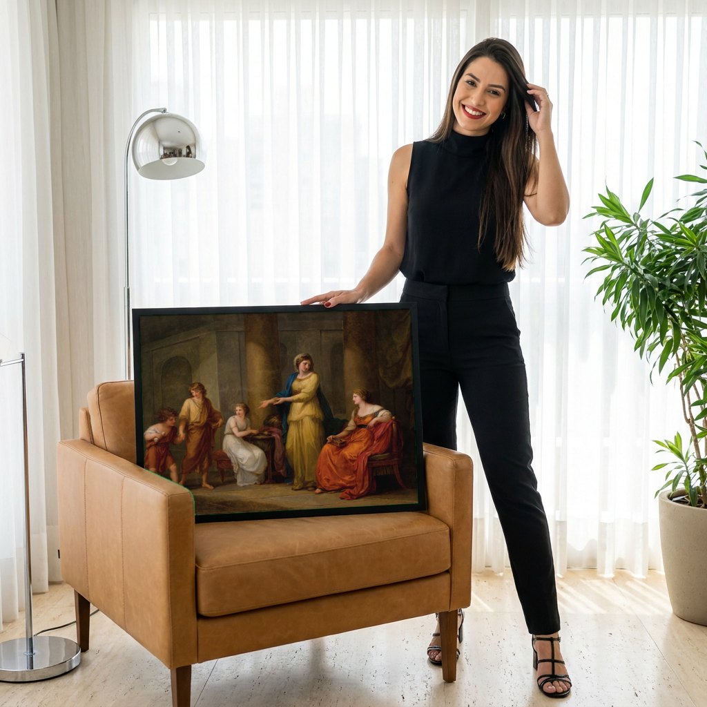 Quadro Decorativo A Família de Darius Antes de Alexandre - Angelica Kauffmann | modelo apresentando o quadro emoldurado