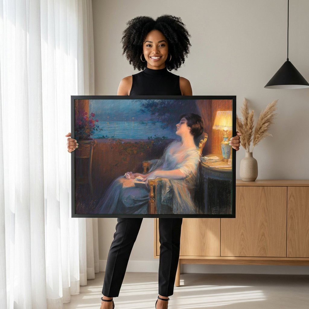 Quadro Decorativo Mulher ao Luar - Delphin Enjolras | modelo apresentando o quadro emoldurado