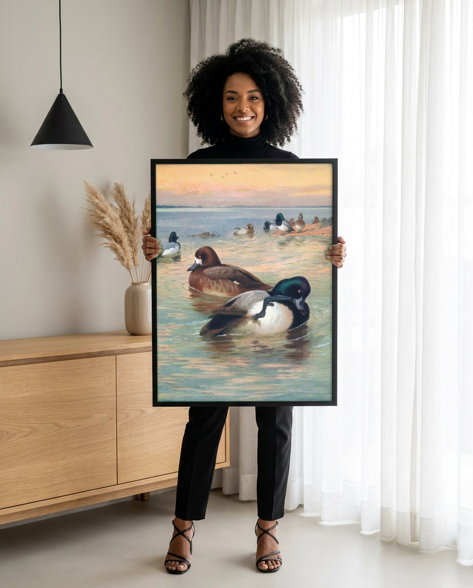 Quadro Decorativo Patos no Lago - Thorburn | modelo apresentando o quadro emoldurado