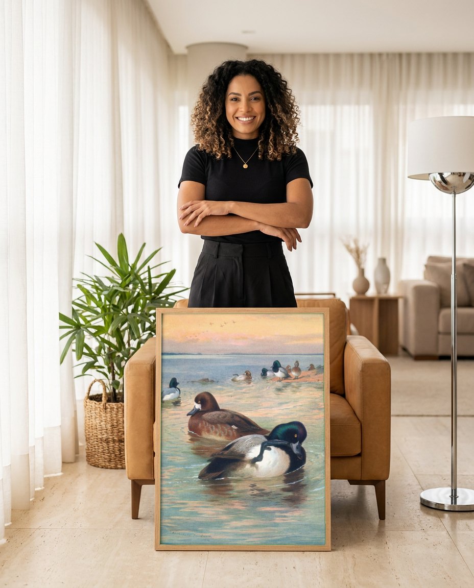 Quadro Decorativo Patos no Lago - Thorburn | modelo apresentando o quadro emoldurado