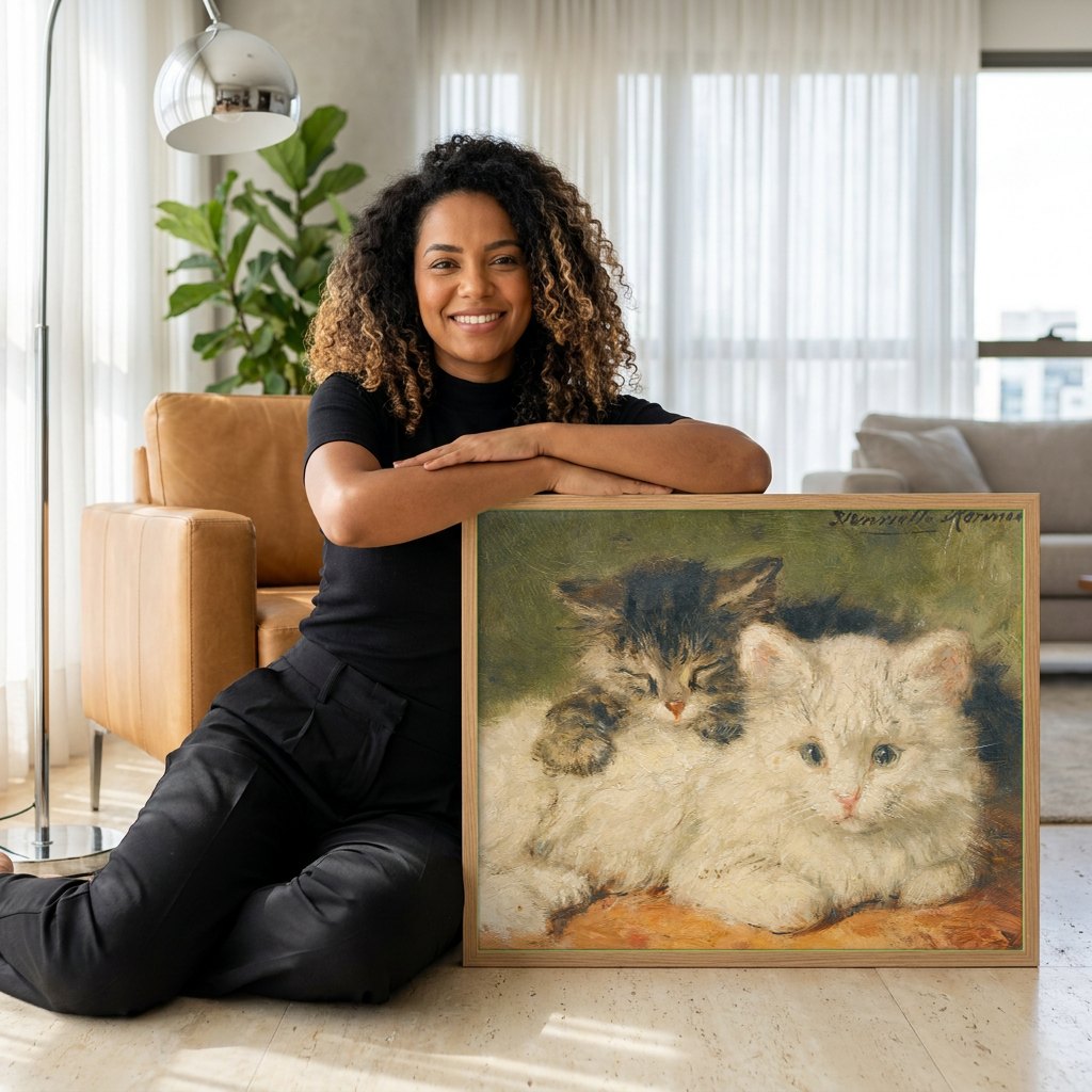 Quadro Decorativo Gatinhos Adoráveis - Henriëtte Ronner Knip | modelo apresentando o quadro emoldurado