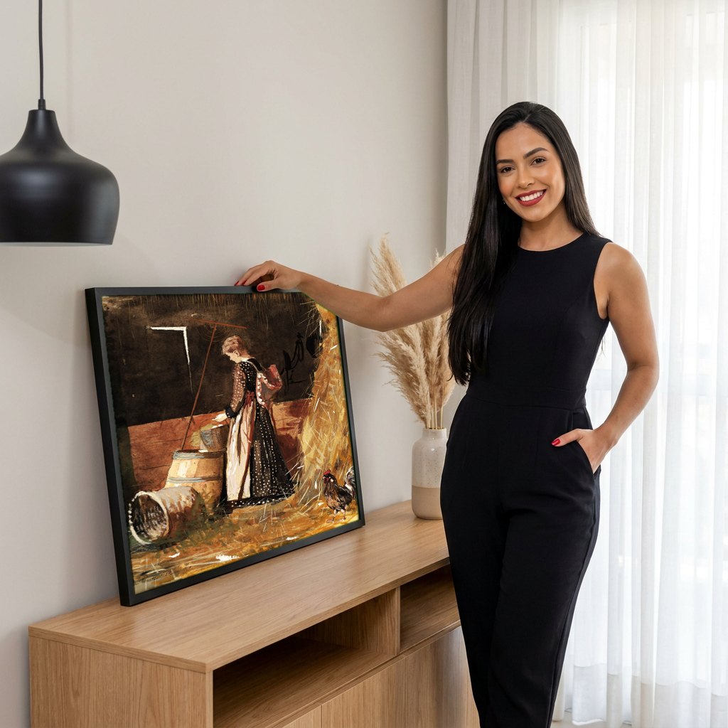 Quadro Decorativo Apanhadora de Ovos - Winslow Homer | modelo apresentando o quadro emoldurado