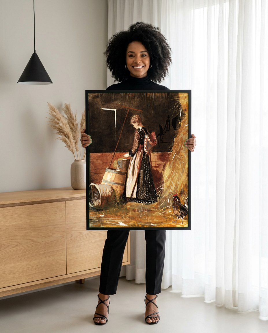 Quadro Decorativo Apanhadora de Ovos - Winslow Homer | modelo apresentando o quadro emoldurado