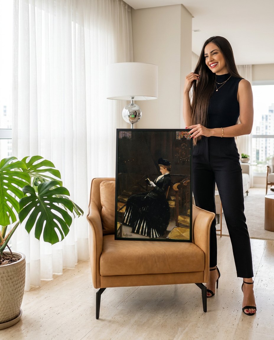 Quadro Decorativo A Leitora Piedosa – Jean Béraud | modelo apresentando o quadro emoldurado