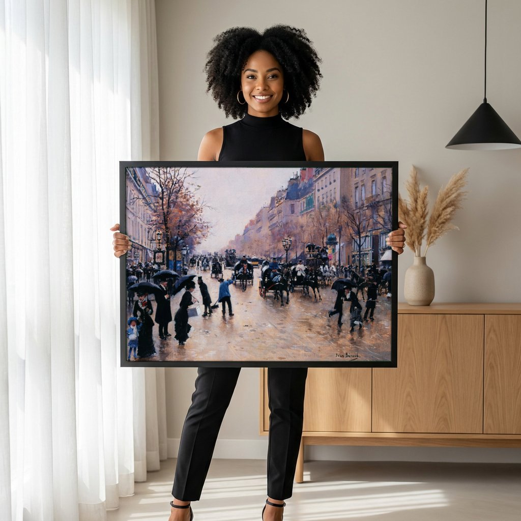 Quadro Decorativo Paris Sob Chuva - Jean Béraud com modelo em ambiente