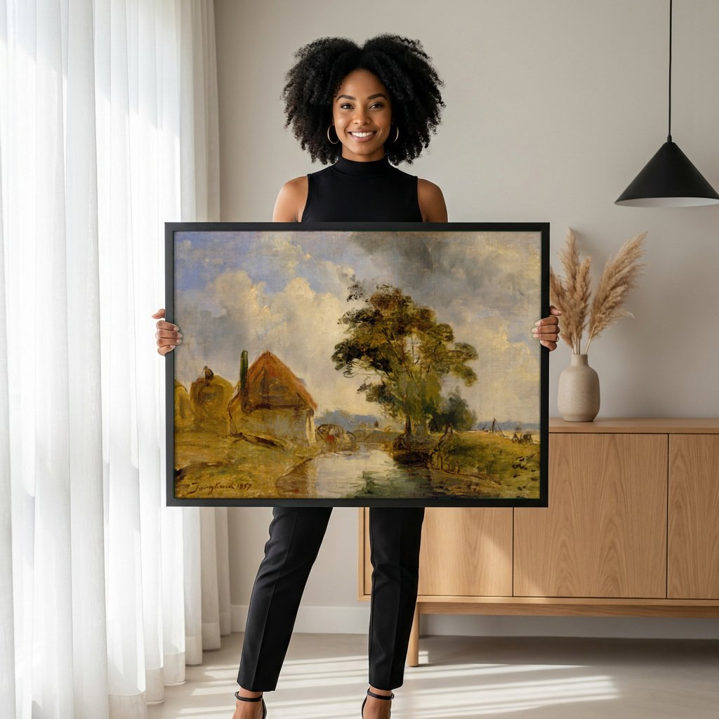 Quadro Decorativo Campo Holandês - Johan Barthold Jongkind com modelo em ambiente