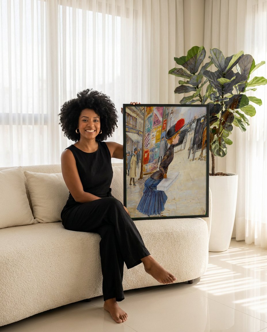 Quadro Decorativo A Dama da Caixa - Jean Béraud com modelo em ambiente