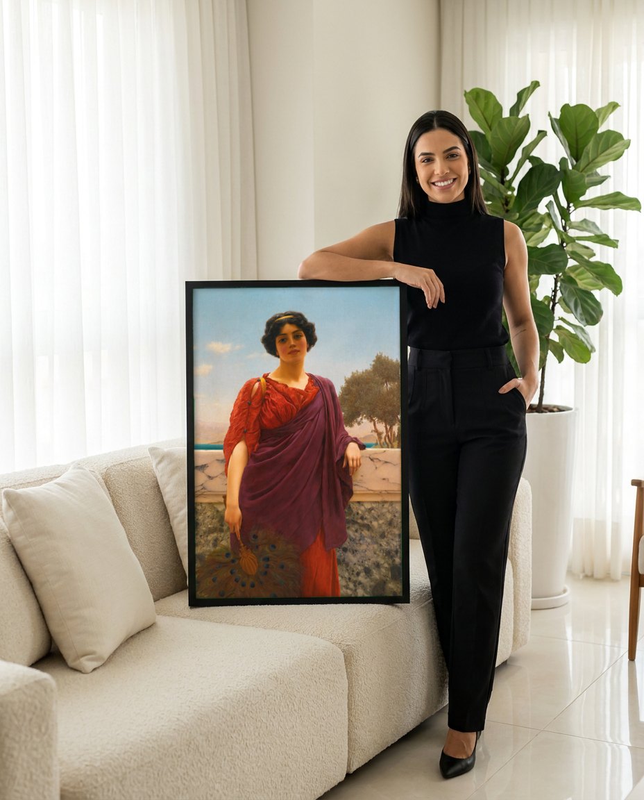 Quadro Decorativo A Jovem Favorita - John William Godward | modelo apresentando o quadro emoldurado