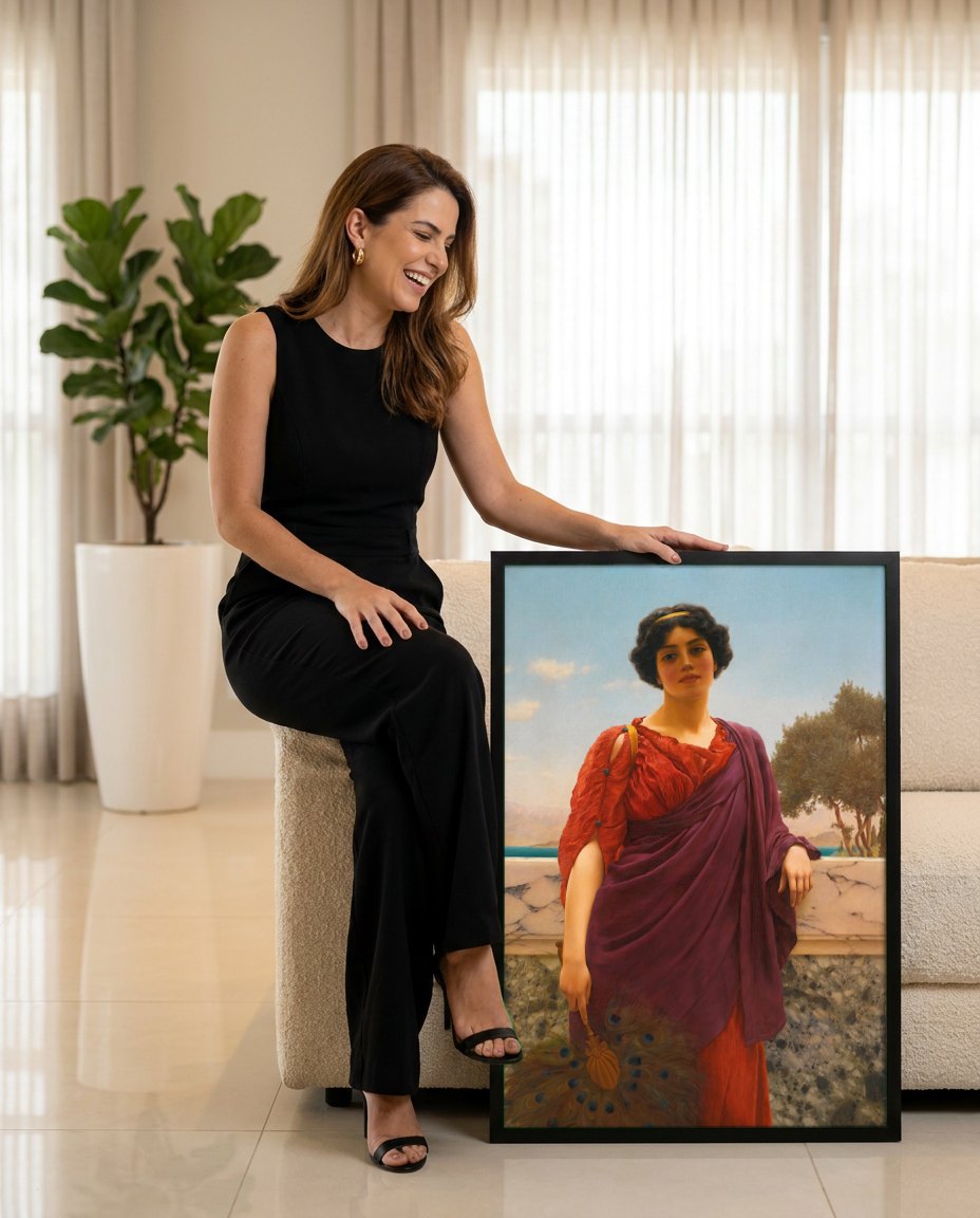 Quadro Decorativo A Jovem Favorita - John William Godward | modelo apresentando o quadro emoldurado