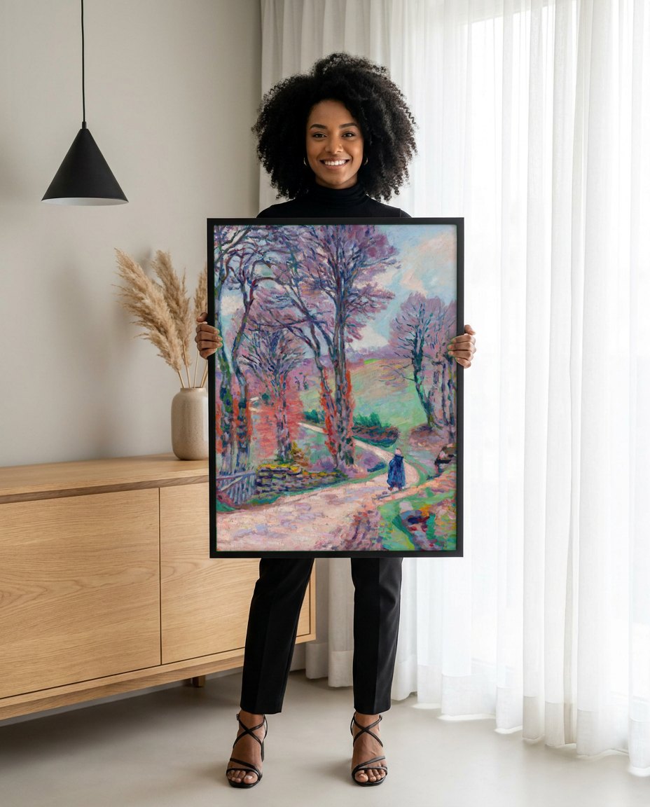 Quadro Decorativo Paisagem Outonal - Armand Guillaumin | modelo apresentando o quadro emoldurado