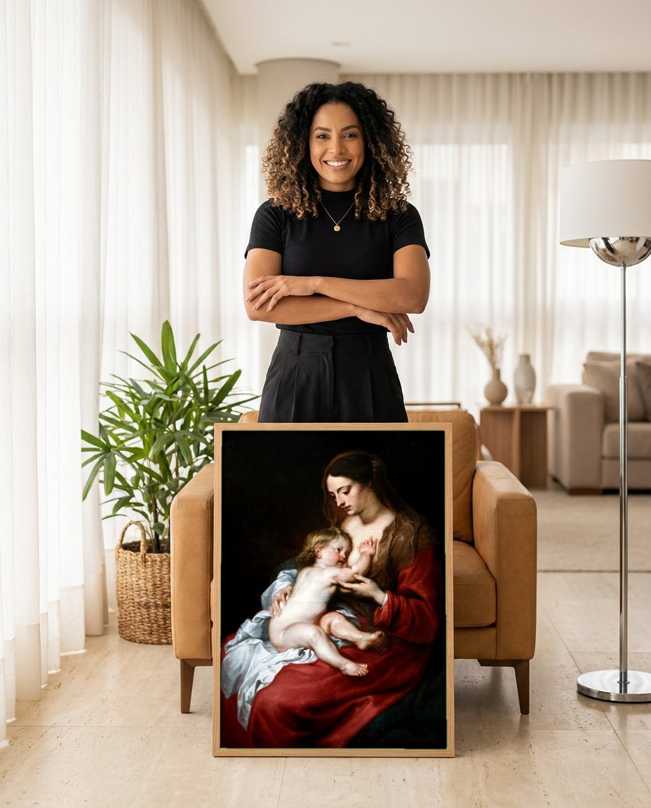 Quadro Decorativo Madona com o Menino - Anthony van Dyck | modelo apresentando o quadro emoldurado