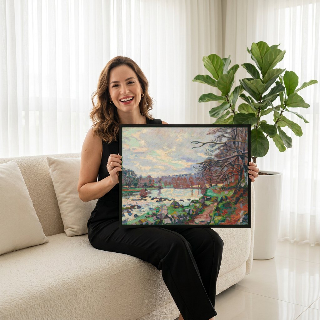 Quadro Decorativo Paisagem Outonal - Armand Guillaumin | modelo apresentando o quadro emoldurado