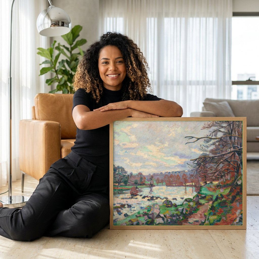 Quadro Decorativo Paisagem Outonal - Armand Guillaumin | modelo apresentando o quadro emoldurado